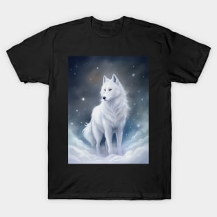 Funny White Wolf Hunting Ground, Winter Mountain Icy Moon, Forest, Galaxy Beautiful gifts Novelty Wild Animal landscape Fashion Watercolor T-Shirt